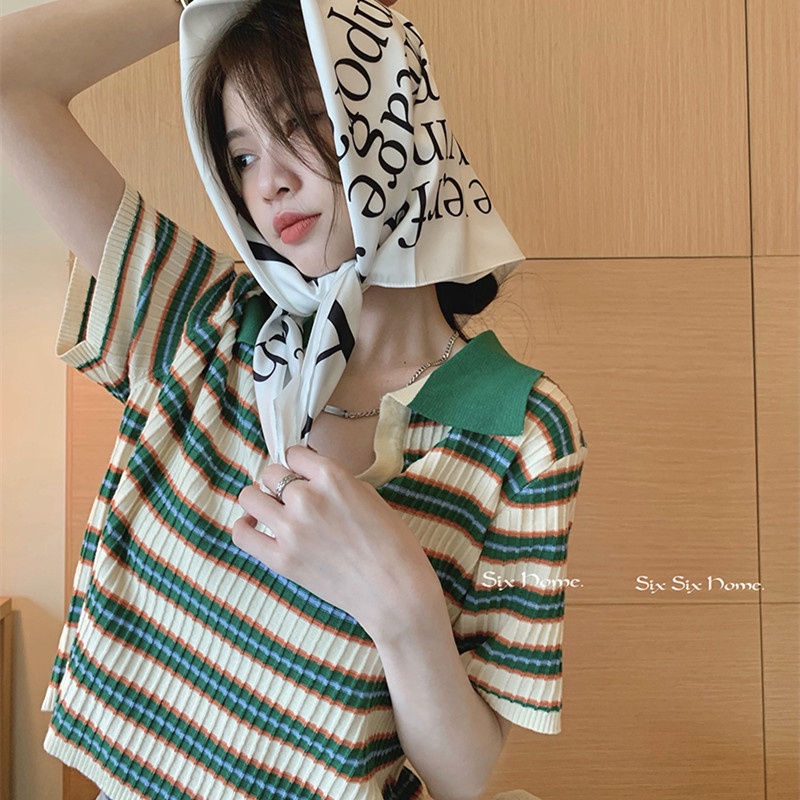 Áo polo Dệt Kim Mỏng Họa Tiết Kẻ Sọc Thời Trang Mùa Hè Cho Nữ