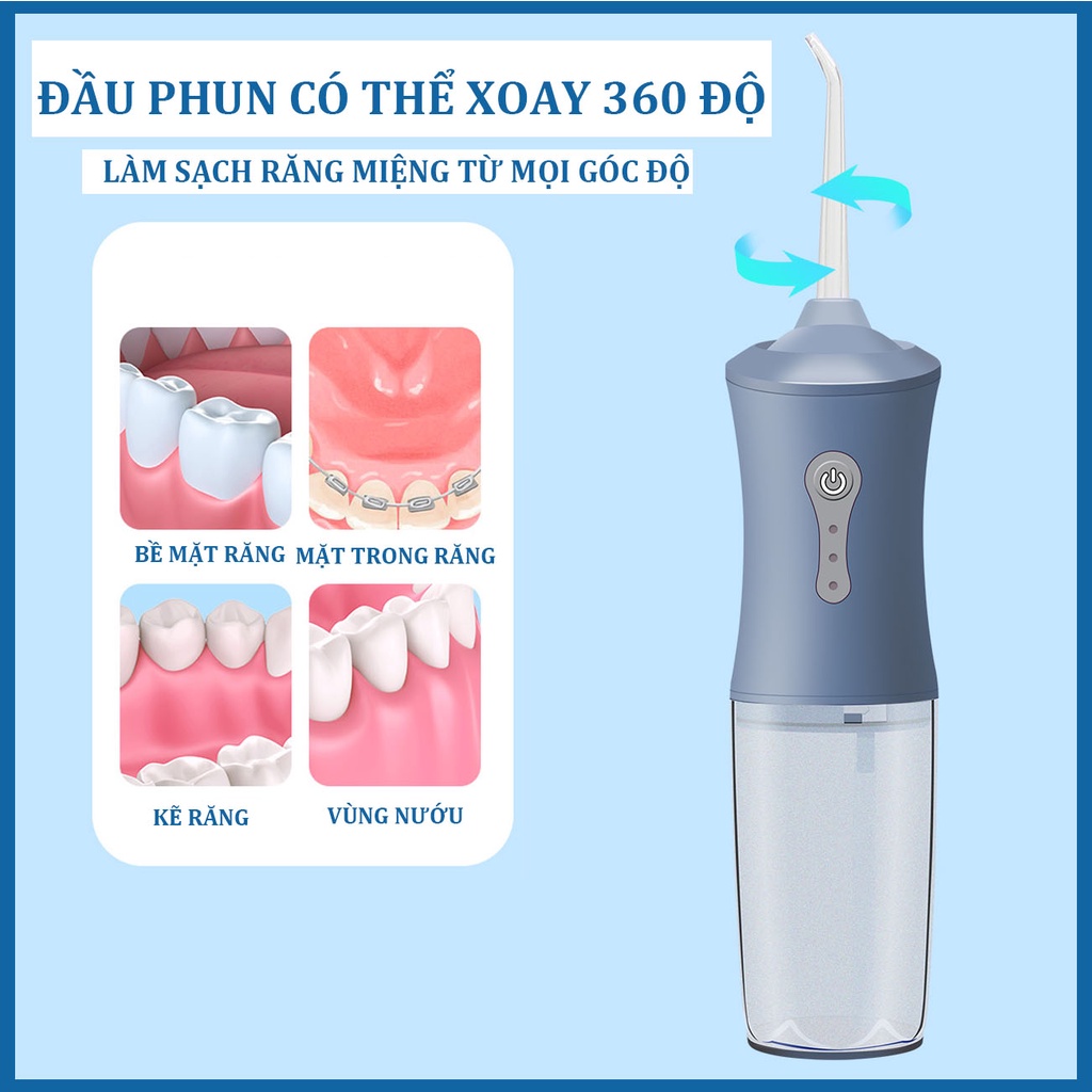 Máy tăm nước cầm tay mini vệ sinh răng miệng cao cấp với 4 vòi phun áp lực cao làm sạch nhanh, dùng cho người niềng răng