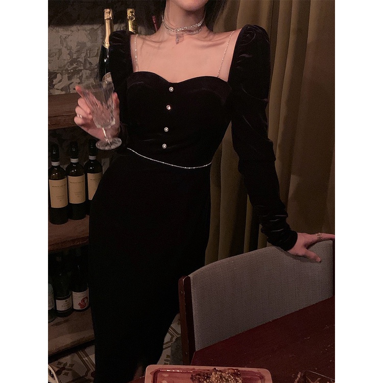 Váy tay dài nhung đen dáng dài xẻ đùi 8/5