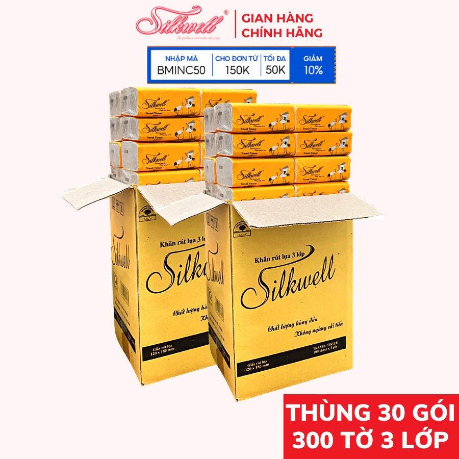 Thùng 30 gói Giấy rút Silkwell Sếu 300 tờ hàng cao cấp, khăn giấy rút lụa siêu mềm mịn không tẩy trắng chính hãng