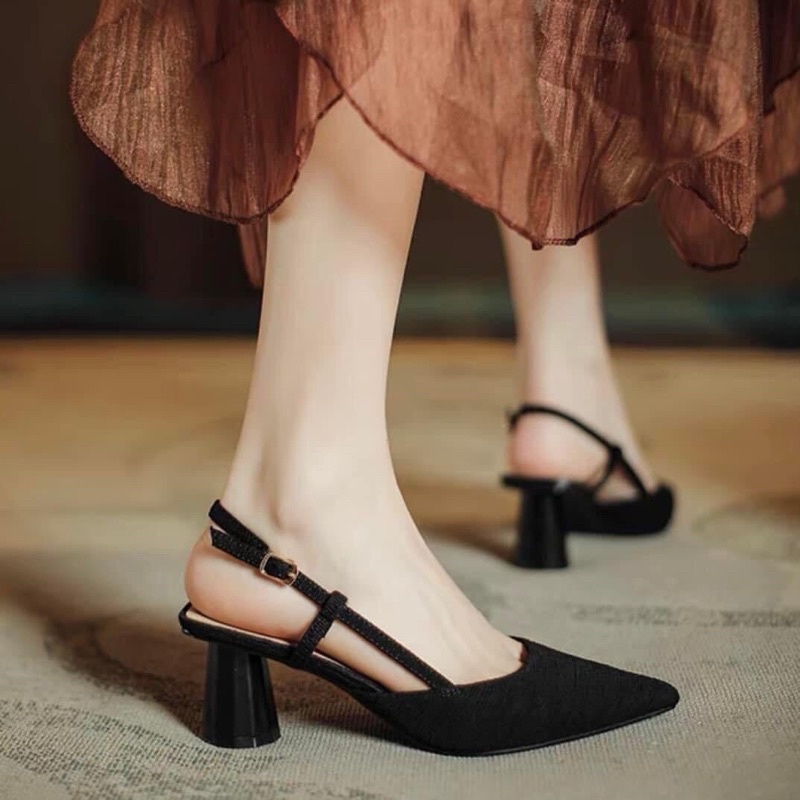 Giày sandal cao gót mũi nhọn Lụa trơn gót trụ 5cm xinh xắn
