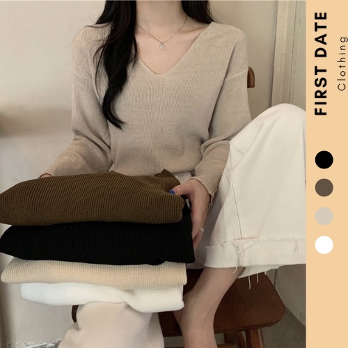 Áo thun nữ dài tay len gân mỏng cổ V áo dài tay FIRST DATE mùa thu Hàn Quốc