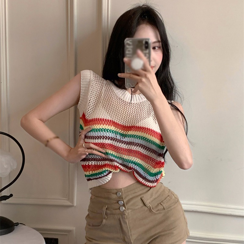 Áo Tank Top Không Tay Cổ Tròn Họa Tiết Kẻ Sọc Màu Tương Phản Thời Trang Hàn Quốc Cho Nữ