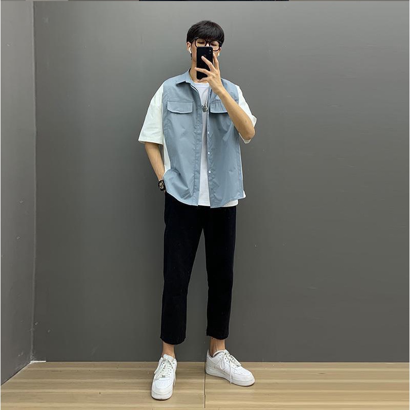 Áo Sơ Mi Tay Lỡ Phối Vai Chất Vải Cực Mát Mịn Dành Cho Nam