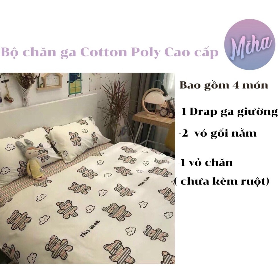 Bộ chăn ga Cotton poly Miha bedding kèm 2 vỏ gối,hình thú cute,drap giường,mền đẹp