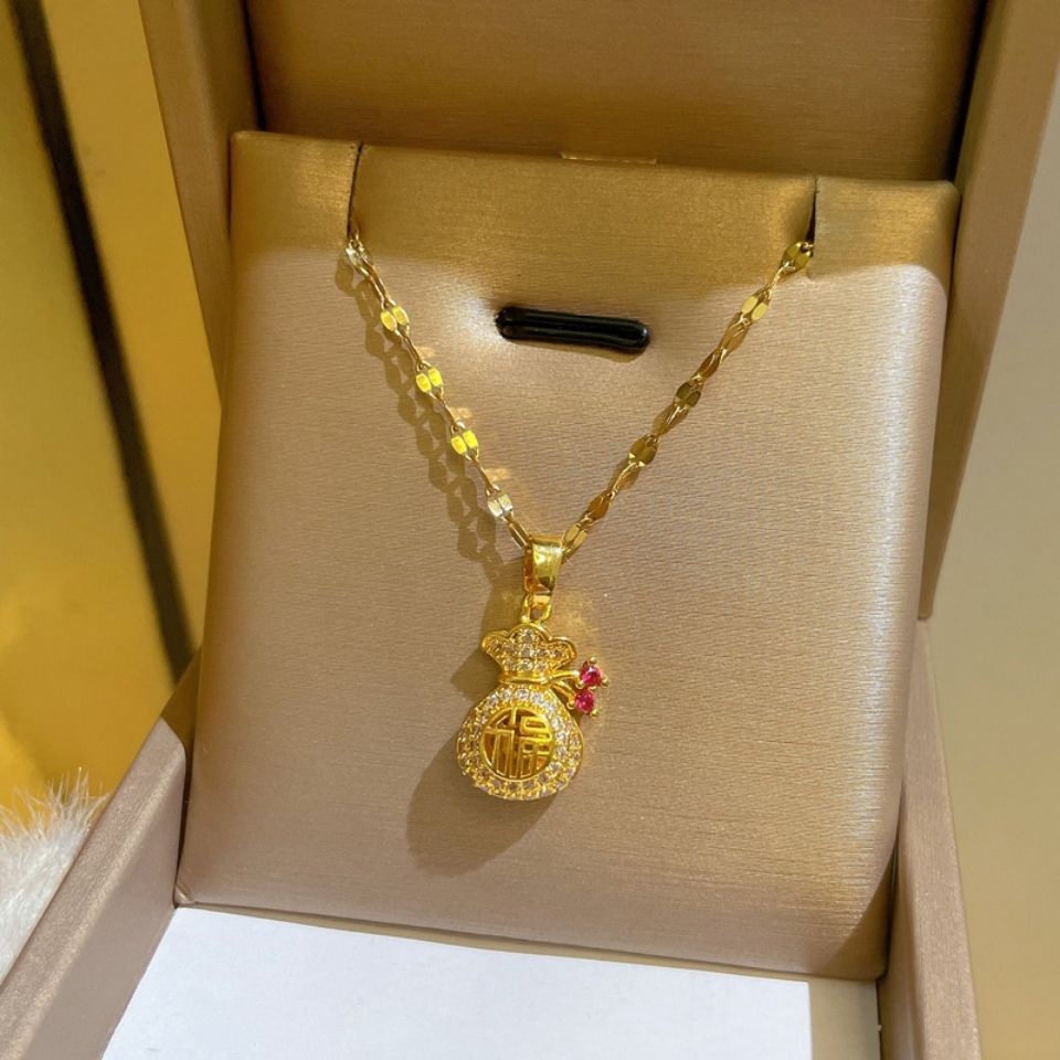 dây chuyền titan chính hãng cho nữ bằng thép không gỉ 18k vàng kim cương may mắn Trung Quốc &quot;Fu&quot; Túi tiền mặt dây chuyền vòng cổ