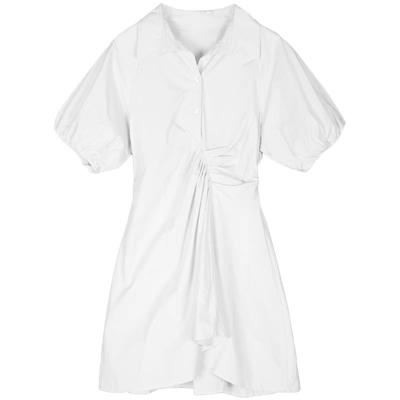 Váy sơ mi nhún chất thô mềm mịn - Đầm trắng cổ bẻ phong cách Hàn Quốc