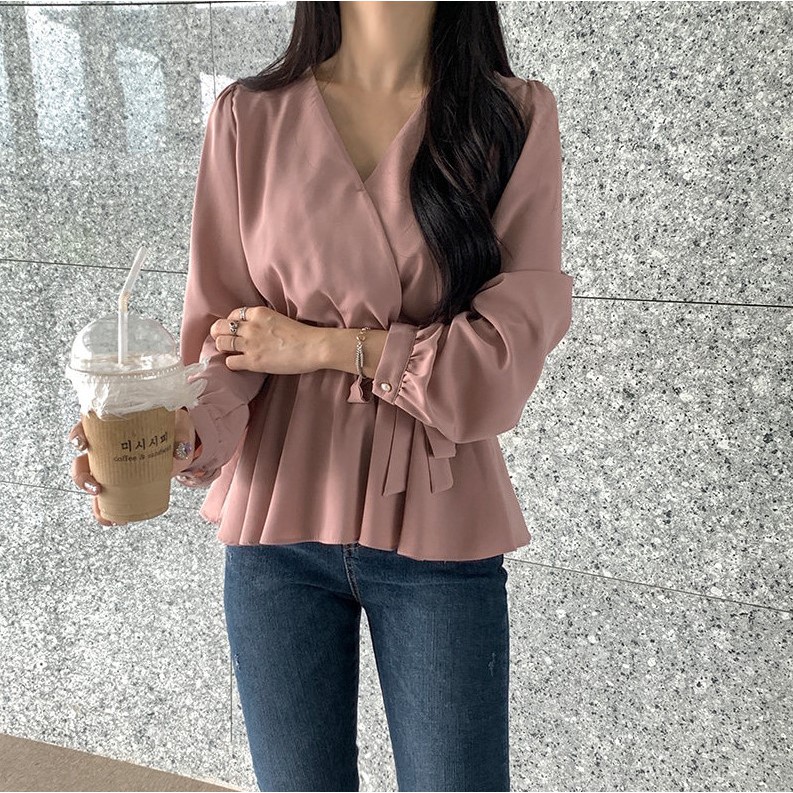 Áo kiểu nữ tay dài cổ chữ V thời trang Hàn Quốc 32531