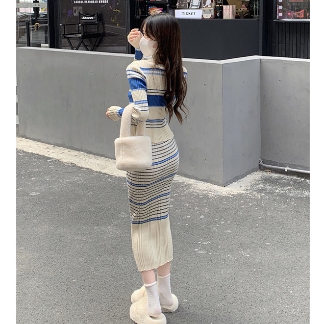 Đầm Hai Dây Dệt Kim Co Giãn Họa Tiết Kẻ Sọc + Áo Sơ Mi Dệt Kim Phong Cách Hàn Quốc Thời Trang Quyến Rũ Cho Nữ