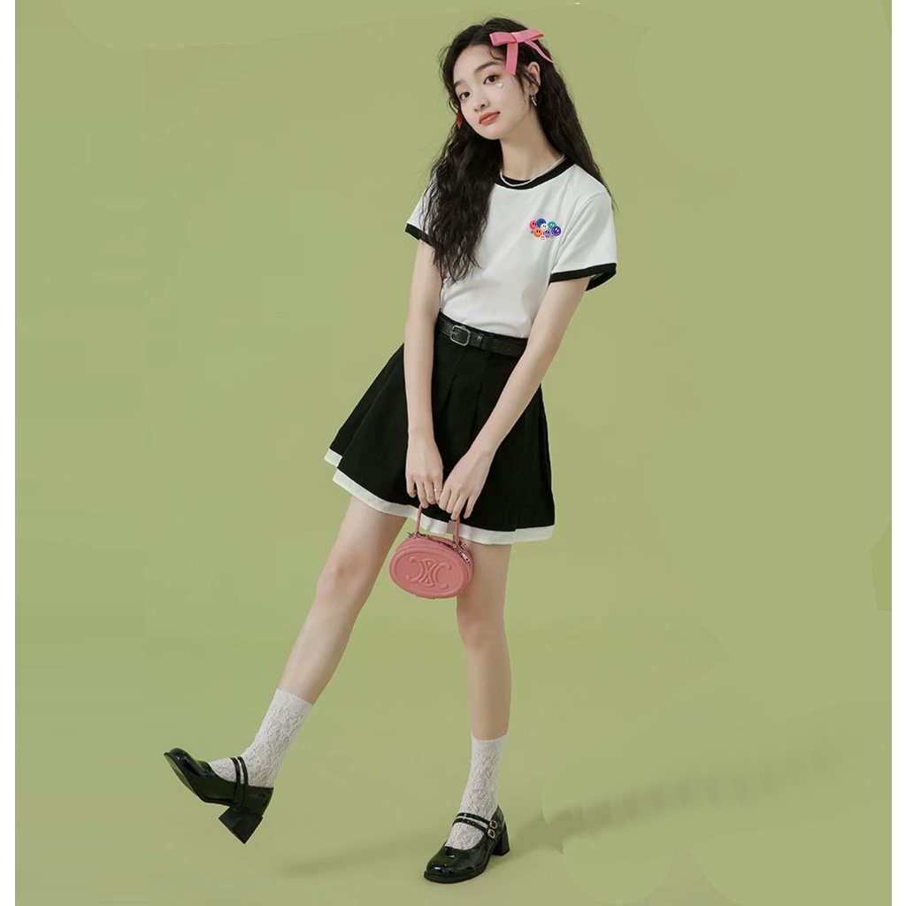 Áo thun nữ tay ngắn in mặt cười ALALA viền đen xanh cổ tay dáng ôm ngắn chất cotton chính hãng