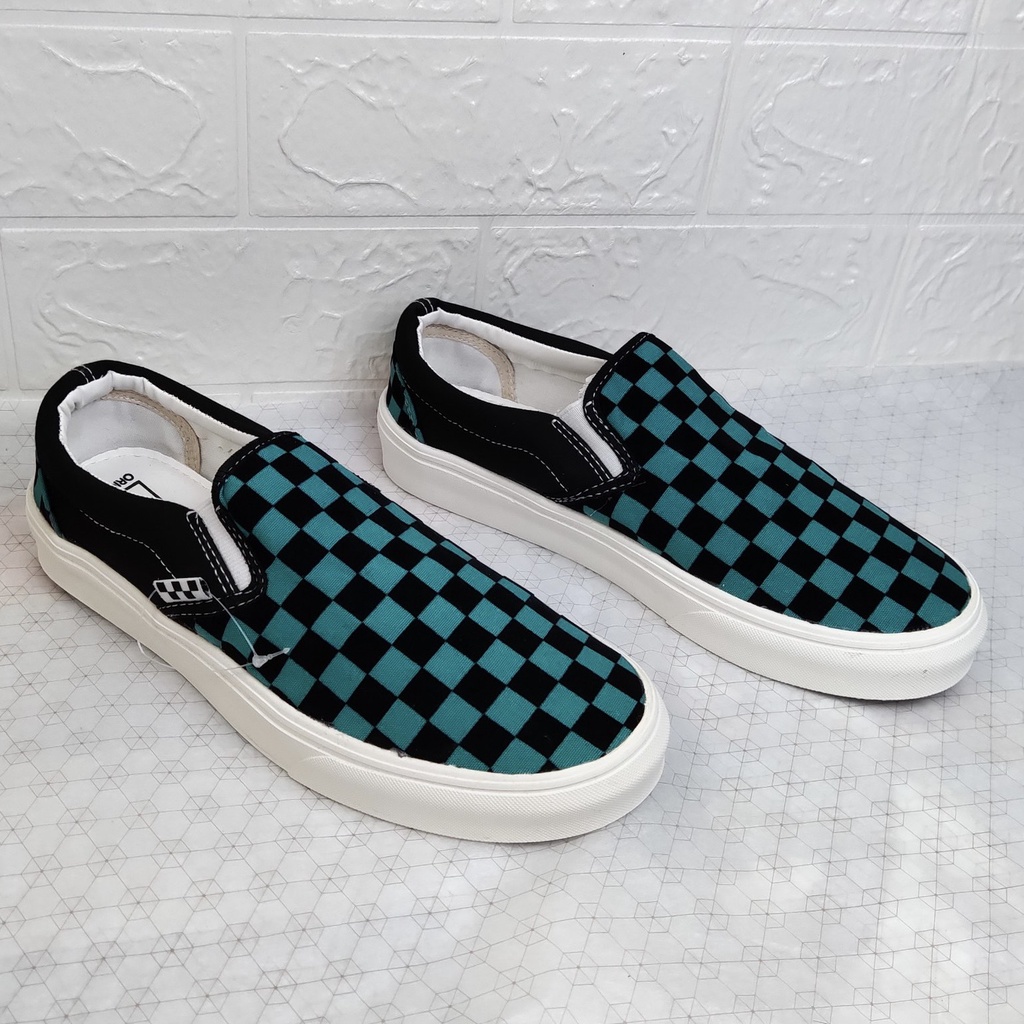 Giày Thể Thao Van Slipon Caro Xanh Đen, Giày Lười Caro Xanh Đen Nam Nữ Fullbox