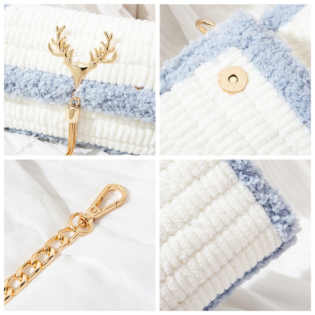 Túi len tự đan phối màu, túi đeo chéo thời trang Hàn Quốc - Bộ phụ kiện đầy đủ LX103