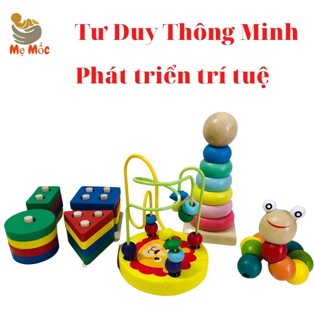 ComBo Đồ Chơi Gỗ Thông Minh  Phát Triển Trí Tuệ Vừa Học Vừa Chơi, Xếp Hình Tháp-Sâu-Luồn Hạt-Hình Khối [Shop Mẹ Mốc],CBG