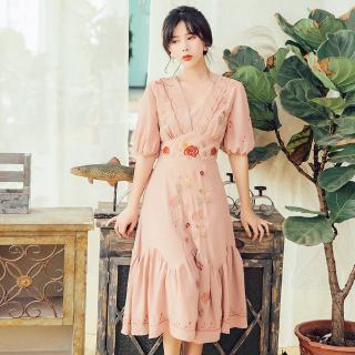 Chân váy dài lưng cao họa tiết thêu vintage thời trang cho nữ