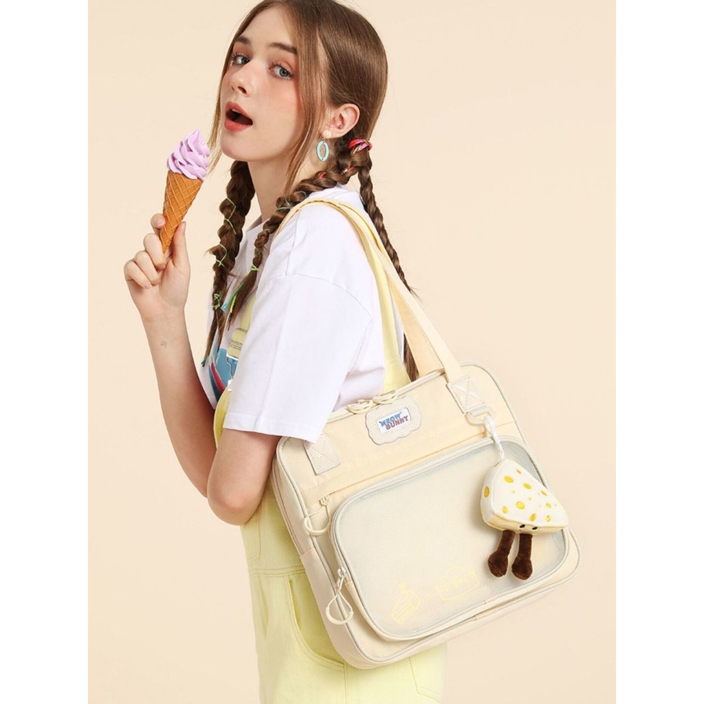 Túi tote Đeo Vai Vải canvas Sức Chứa Lớn Hình Mèo meowbunny Tráng Miệng Cho Nữ Sinh Đại Học