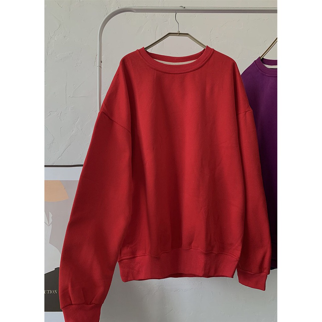 Áo Sweater Cổ Tròn Dài Tay NAM Nữ Màu Đỏ Chất Vải Nỉ Poly Hàng Freesize 1 Cỡ Form Dáng Rộng Dưới 65kg Mặc Vừa (Trơn)