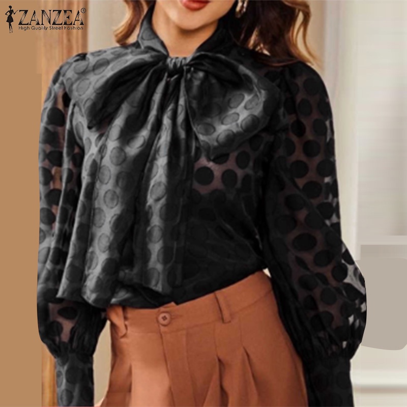 Áo sơ mi Zanzea chấm bi cổ thắt nơ tay dài thời trang dành cho nữ