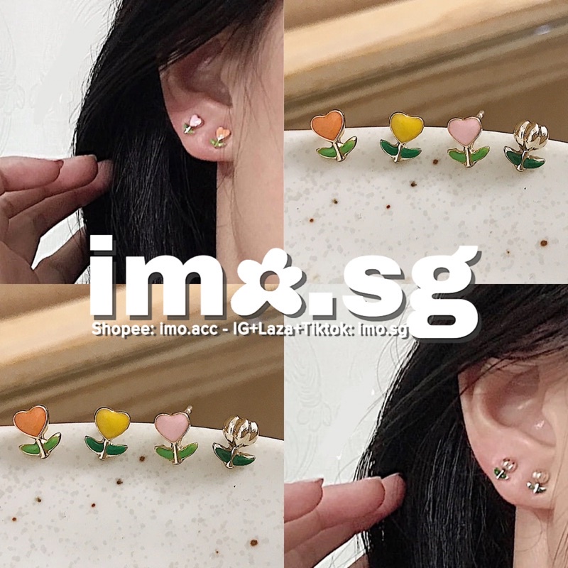 Bông tai hoa tulip trái tim siêu mini bạc 925 imo.sg hồng vàng cam dễ diện đeo vành xinh xắn dễ thương phong cách hàn