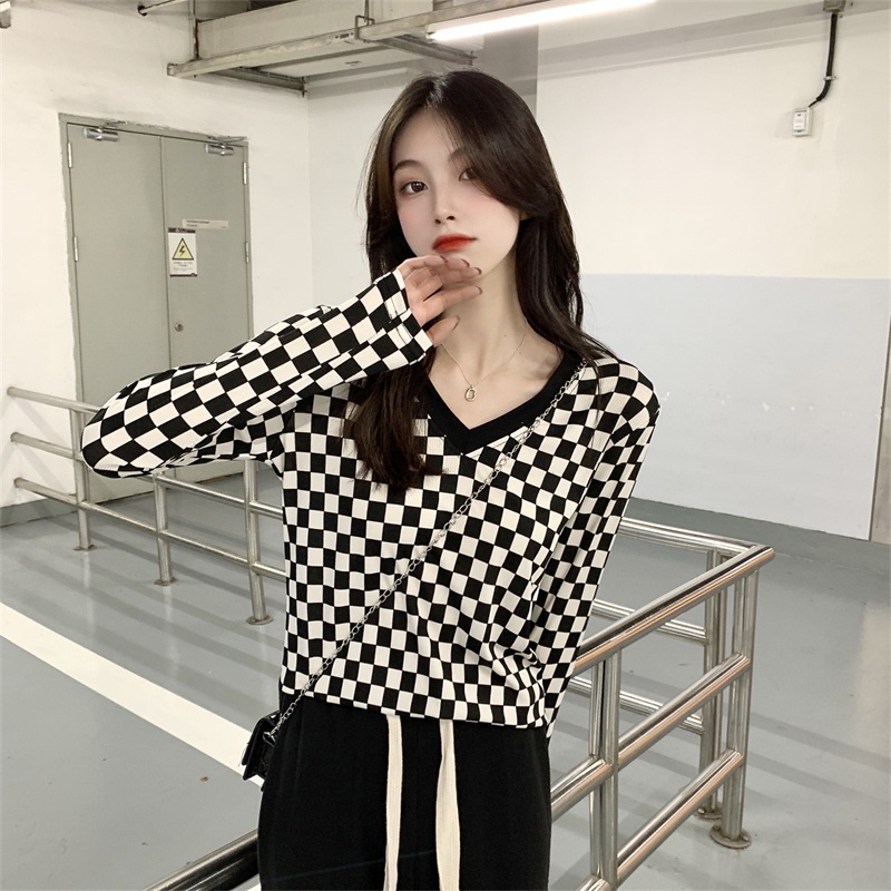 Áo thun ZHELIHANGFEI tay dài cổ chữ V họa tiết sọc caro thời trang