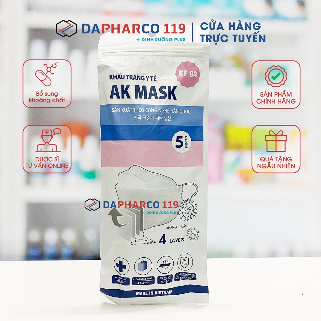 Khẩu Trang 3D AK Mark KF94 (Sét túi 5 chiếc) - 4 lớp kháng khuẩn Dapharco