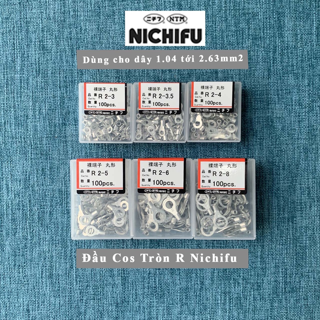 Đầu cos tròn R2 Nichifu Nhật Bản - Đầu cốt Nichifu tròn loại trần -Cho dây 1.04~2.63mm2-R2-3 R2-3.5 R2-4 R2-5 R2-6 R2-8