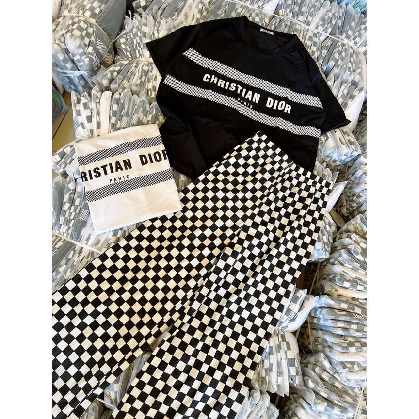 sét bộ thun diro quần sọc caro phối áo cổ tròn ngắn tay