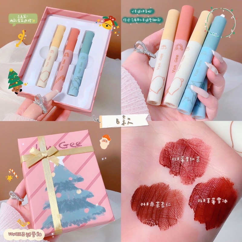 Hộp son kem cây thông Noel 3 màu siêu lì Vongee