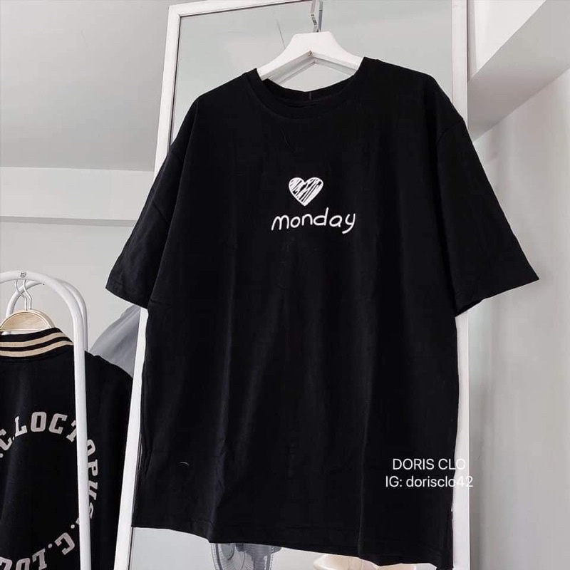 (FREESHIP) Áo phông thun cotton thêu trái tim Monday unisex mặc đôi nam nữ, nhóm form rộng tay lỡ