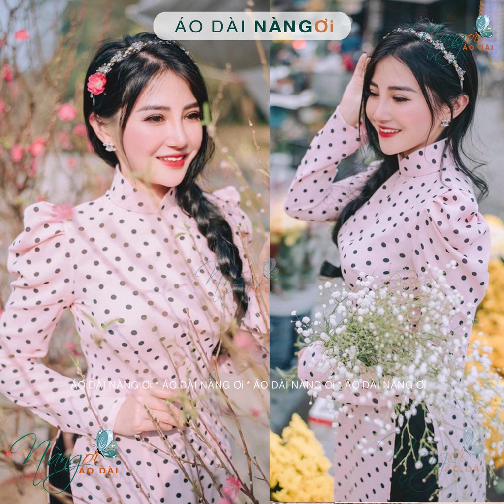 Áo dài chấm bi tay phồng - Áo dài truyền thống vai bồng lụa đẹp chụp hình xinh