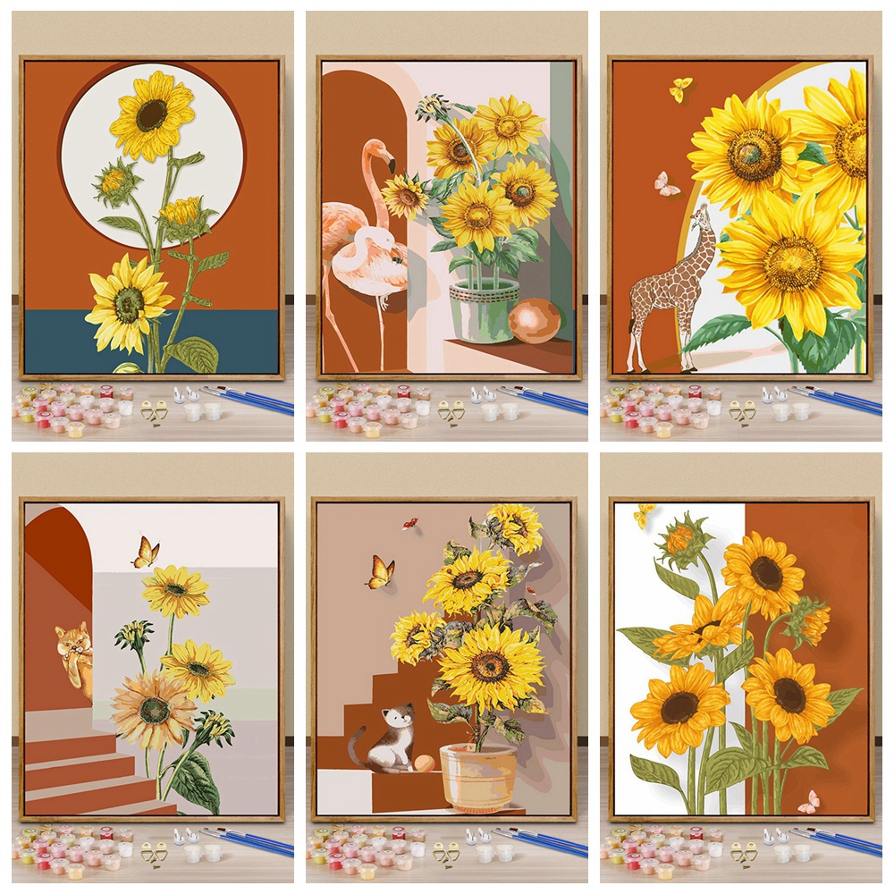 Tranh sơn dầu tự làm hình hoa hướng dương cỡ 50*65cm 40*50cm treo tường trang trí