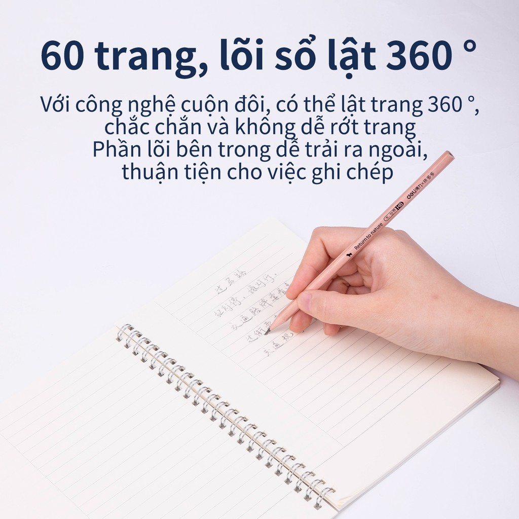 Sổ vở lò xo kép caro Deli khổ A5 60 trang bìa nhựa ghi chép viết thư pháp phong cách retro LPA560