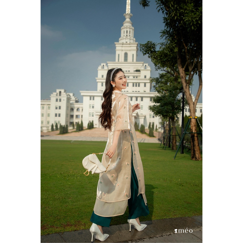 Áo dài thiết kế Méo shop vải lụa hoa thêu Khánh Mỹ, chưa bao gồm quần