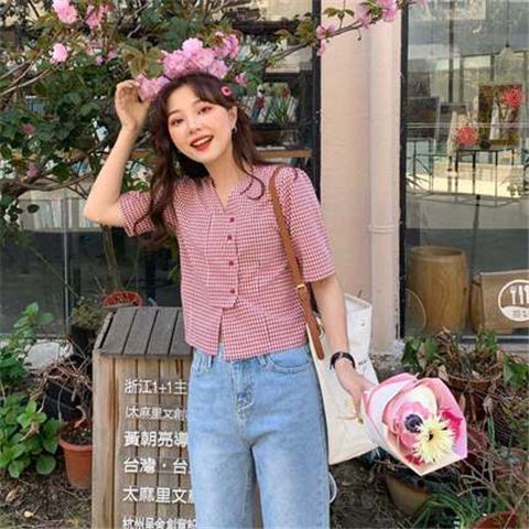 Áo sơ mi nữ sọc caro kiểu lạ mắt hàn quốc