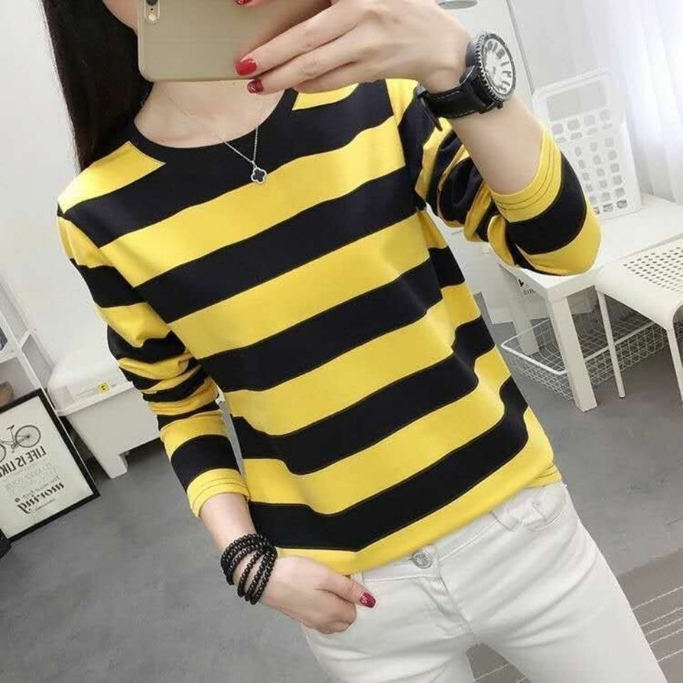 Áo Thun Nữ Dài Tay Cổ Tròn Sọc Ngang Thời Trang Mới