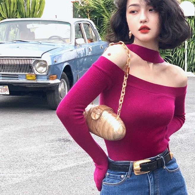 Áo dệt kim trễ vai dáng ôm phong cách retro thời trang mùa thu