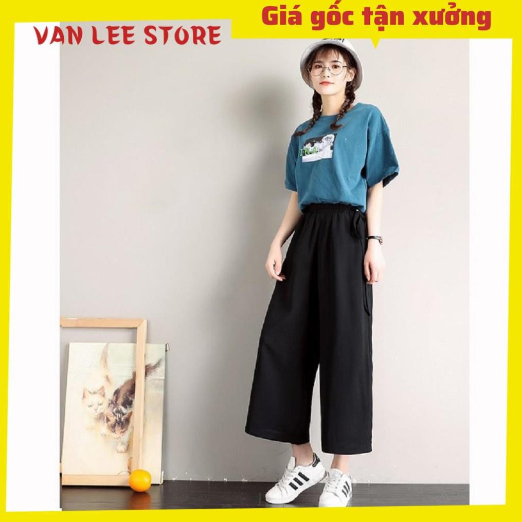 Quần ống rộng lửng nữ cạp chun VIETSTAR quần lửng baggy màu đen vải thun co giãn học sinh buộc nơ eo