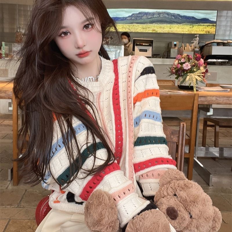 Áo Sweater Tay Dài Kẻ Sọc Cầu Vồng Phong Cách Vintage  tao bao