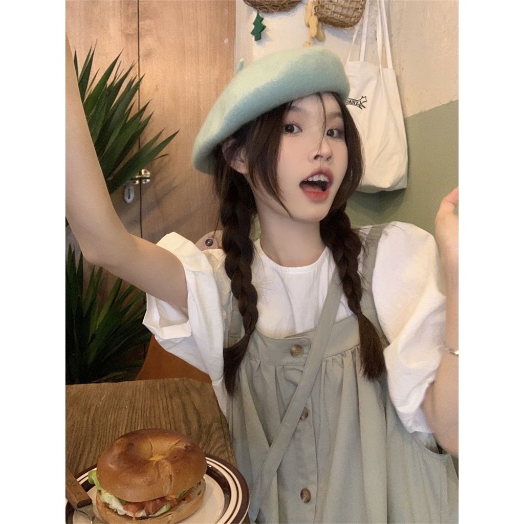 Bộ Áo Tay Phồng + Đầm Yếm Màu Trơn Thời Trang Mùa Hè Hàn Quốc Dành Cho Nữ