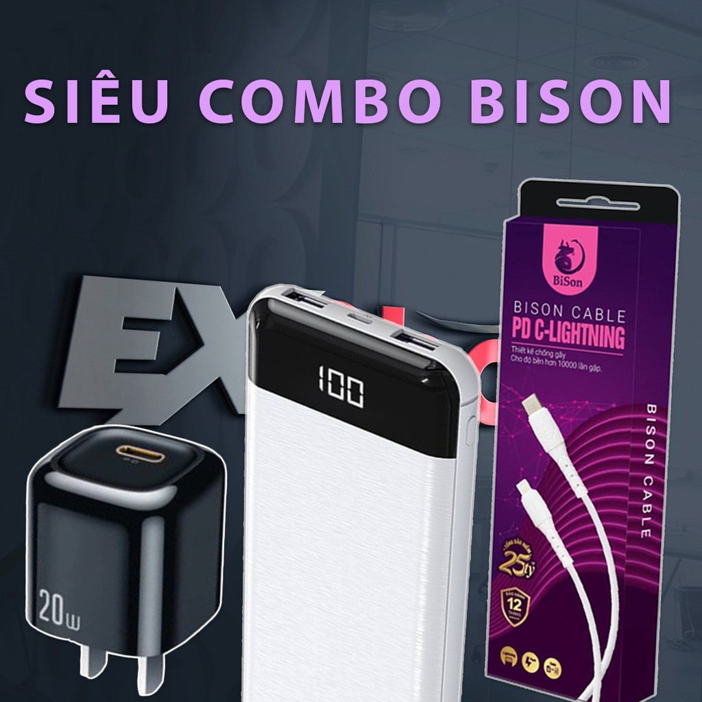 Siêu Combo Bison: Sạc dự phòng + Cáp TypeC - Lightning + Cốc sạc 20W