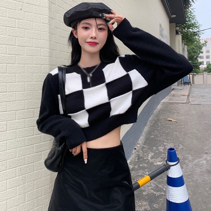 Áo croptop dệt kim tay dài cổ tròn phong cách thời trang hàn quốc dành cho nữ Sweater