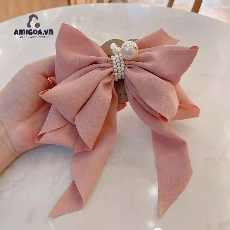 Kẹp Tóc Hình Nơ Đính Ngọc Trai Phong Cách Hàn Quốc Dễ Thương Cho Nữ