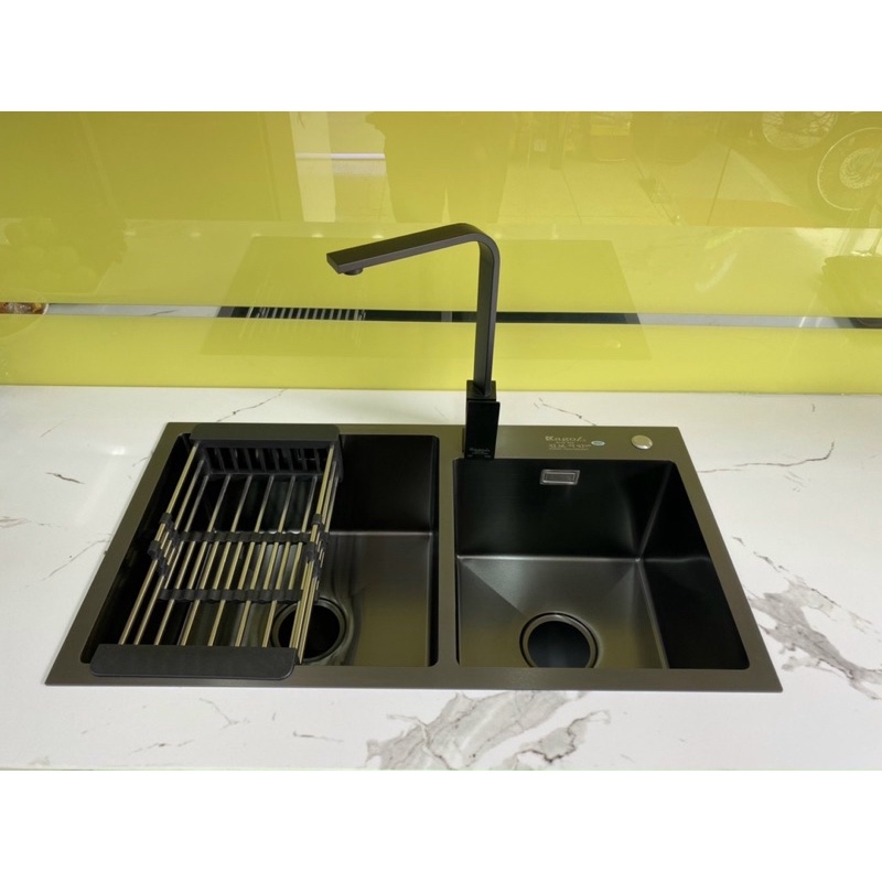 Bồn chậu rửa bát chén 2 hố inox 304 mạ nano đen