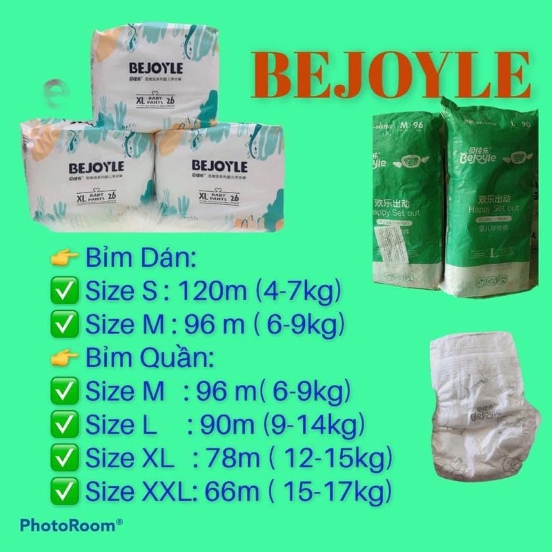 Bỉm bejoyie xanh/ dán/quần/ Nội địa Trung/ S(3-8kg) dán 120m, M (6-11kg) 96, L(9-14kg) 90, XL(12-17kg)78, Xxl (15-20 66
