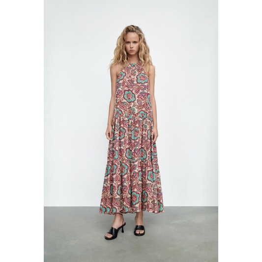 ZARA Đức - Đầm chính hãng auth new tag cao cấp có sẵn sale váy maxi dài họa tiết đi biển cotton mát 8516/363