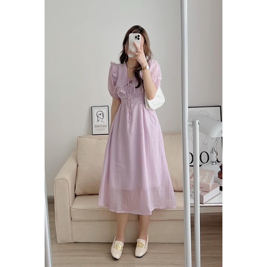 Đầm đũi tơ cổ bèo vuông hot hit đính nút ngọc - Váy maxi dáng dài màu pastel hàng Quảng Châu