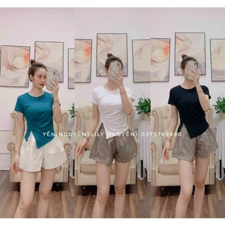 Áo thun nhún eo xẻ tà