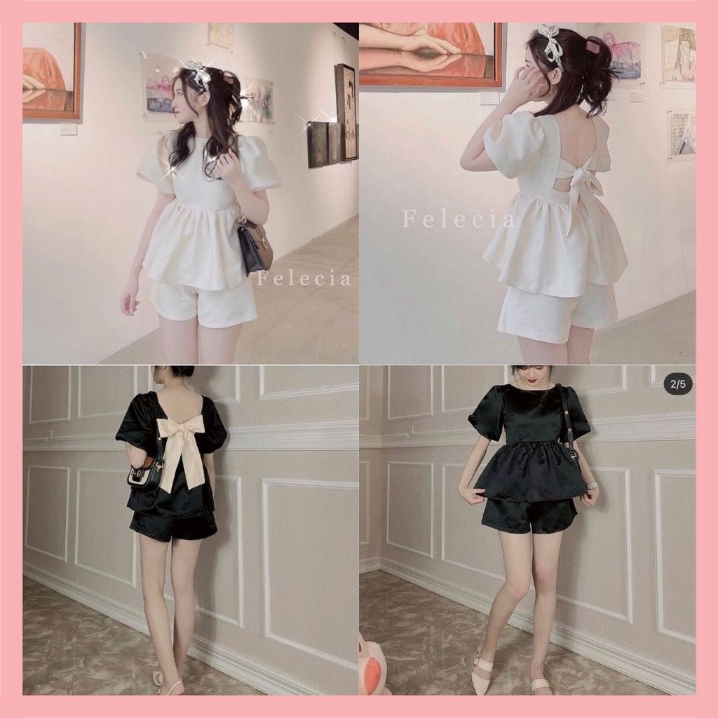 Set đồ nữ sang chảnh Set áo peplum thắt nơ sau mix quần short chất đũi lụa thoáng mát