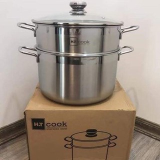 Bộ nồi xửng hấp 1 đáy HT COOK 28cm - nắp kính Fivestar, HÀNG DẦY - NỒI INOX 430  CAO CẤP CHẤT ĐẸP