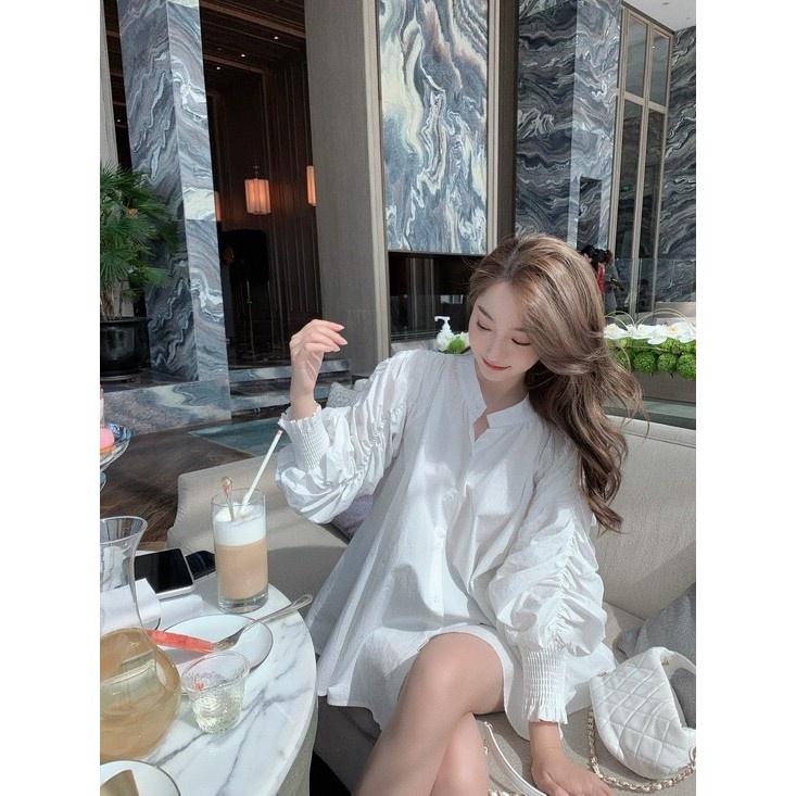 Áo Sơ Mi Nữ Trắng Cổ Tàu 🦋 Áo Sơmi Dài Tay Nhúm Ulzzang