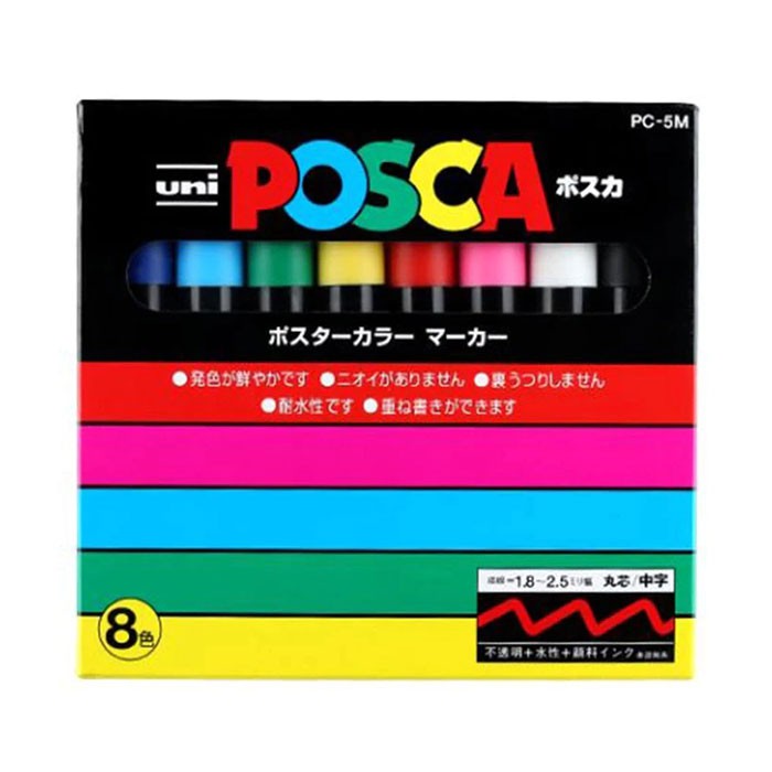 Bộ 8 bút sơn nước vẽ đa chất liệu Uni Posca PC-5M - Ngòi 1.8 - 2.5mm